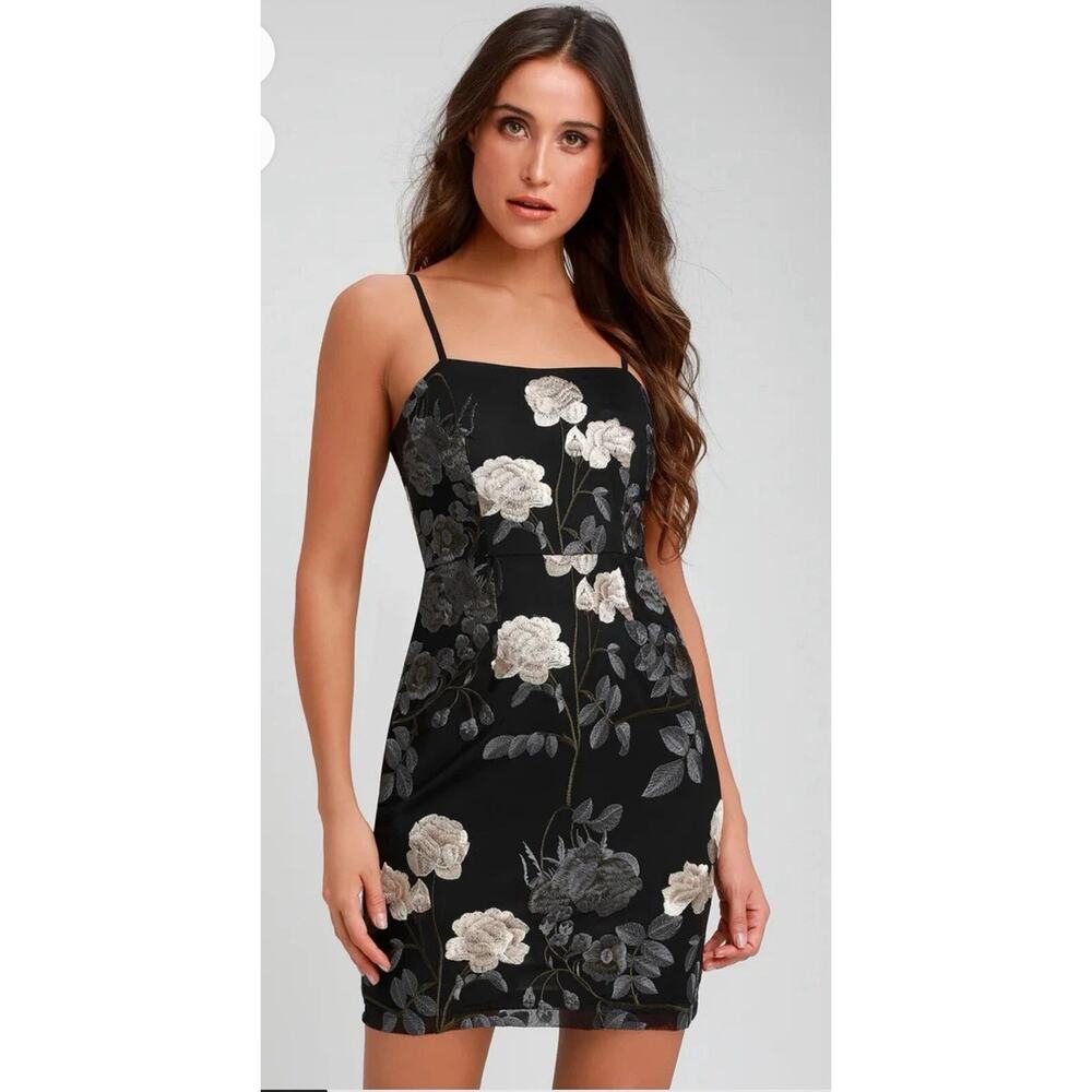 NWT Lulus Elston Black Floral Mesh Embroidered Bodycon Dress XS Party Cocktail